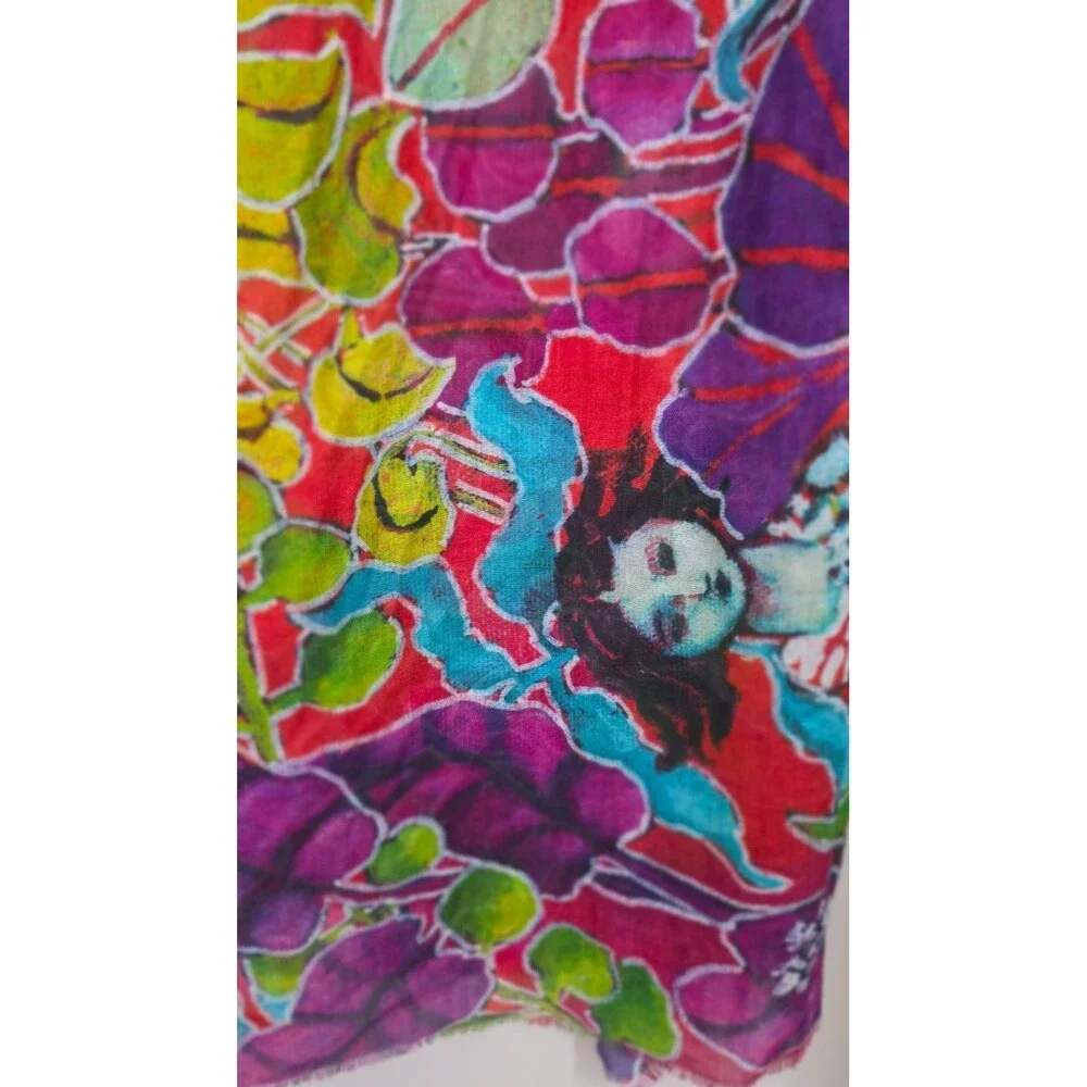 OAK KUNA Peru Baby Alpaca Silk Shawl Artist Signed Floral Wrap Wearable Art NWOT